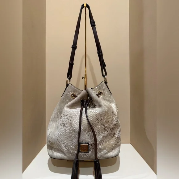 Dooney & Bourke Neutral Snake-Print Drawstring Bucket Bag *read for condition* - Picture 1 of 13